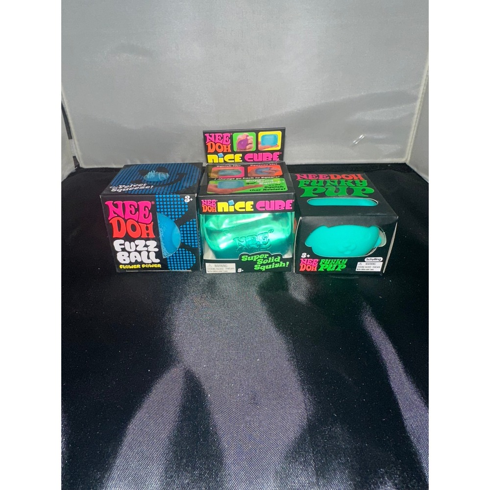 Schylling NeeDoh Fidget Toy Bundle Nice Cube Fuzz Ball‎ Funky Pup Teal Blue 3pk